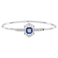 Diamond Sapphire Art Deco Style Openwork Bangle in 18K White Gold