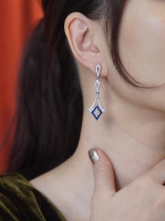 Diamond Sapphire Art Deco Style Openwork Drop Earrings in 14K White Gold