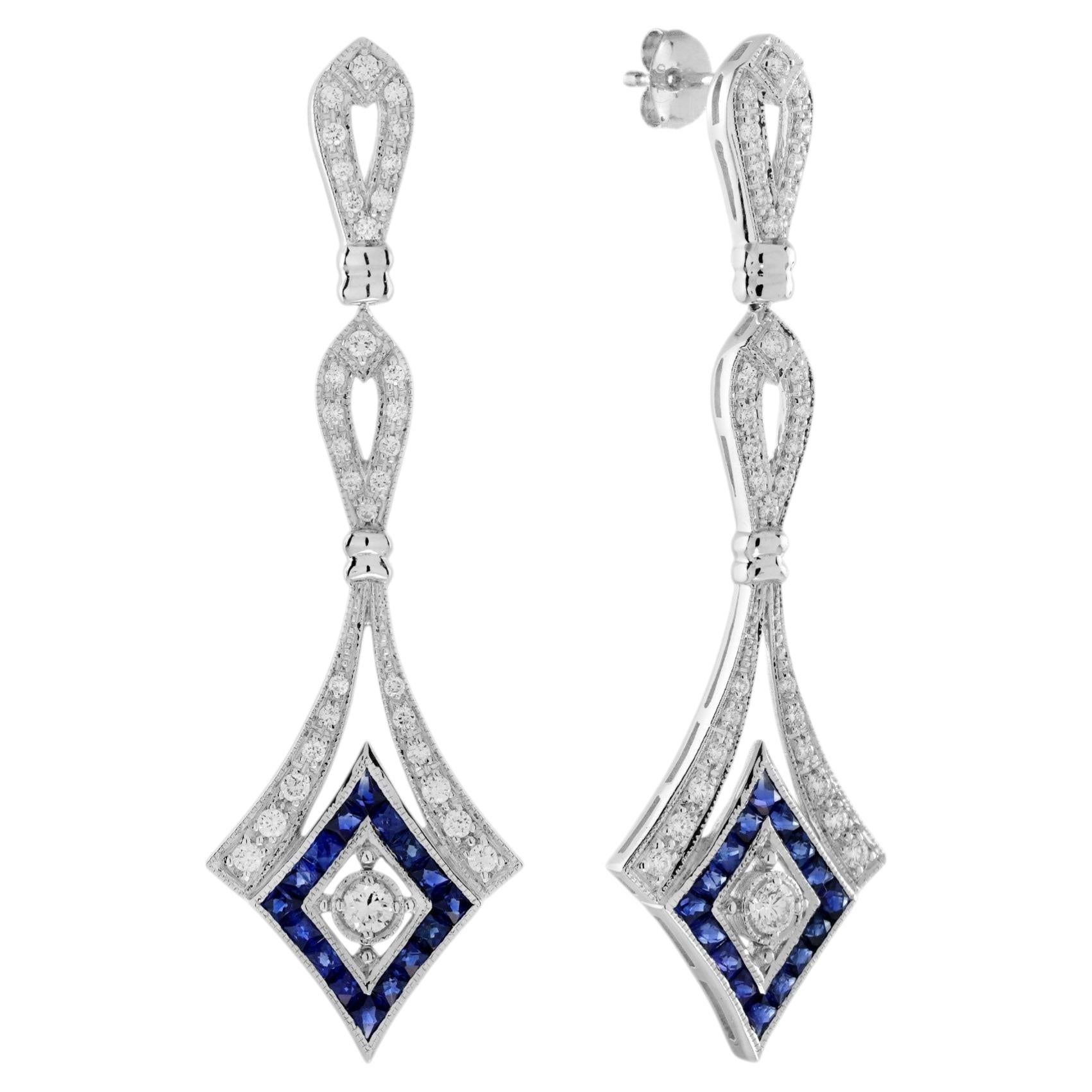 Sapphire Diamond Art Deco Style Drop Earrings in 14K White Gold