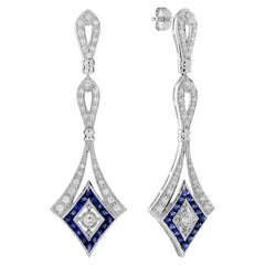 Diamond Sapphire Art Deco Style Openwork Drop Earrings in 14K White Gold
