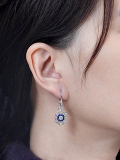 Diamond Sapphire Art Deco Style Openwork Drop Earrings in 18K White Gold