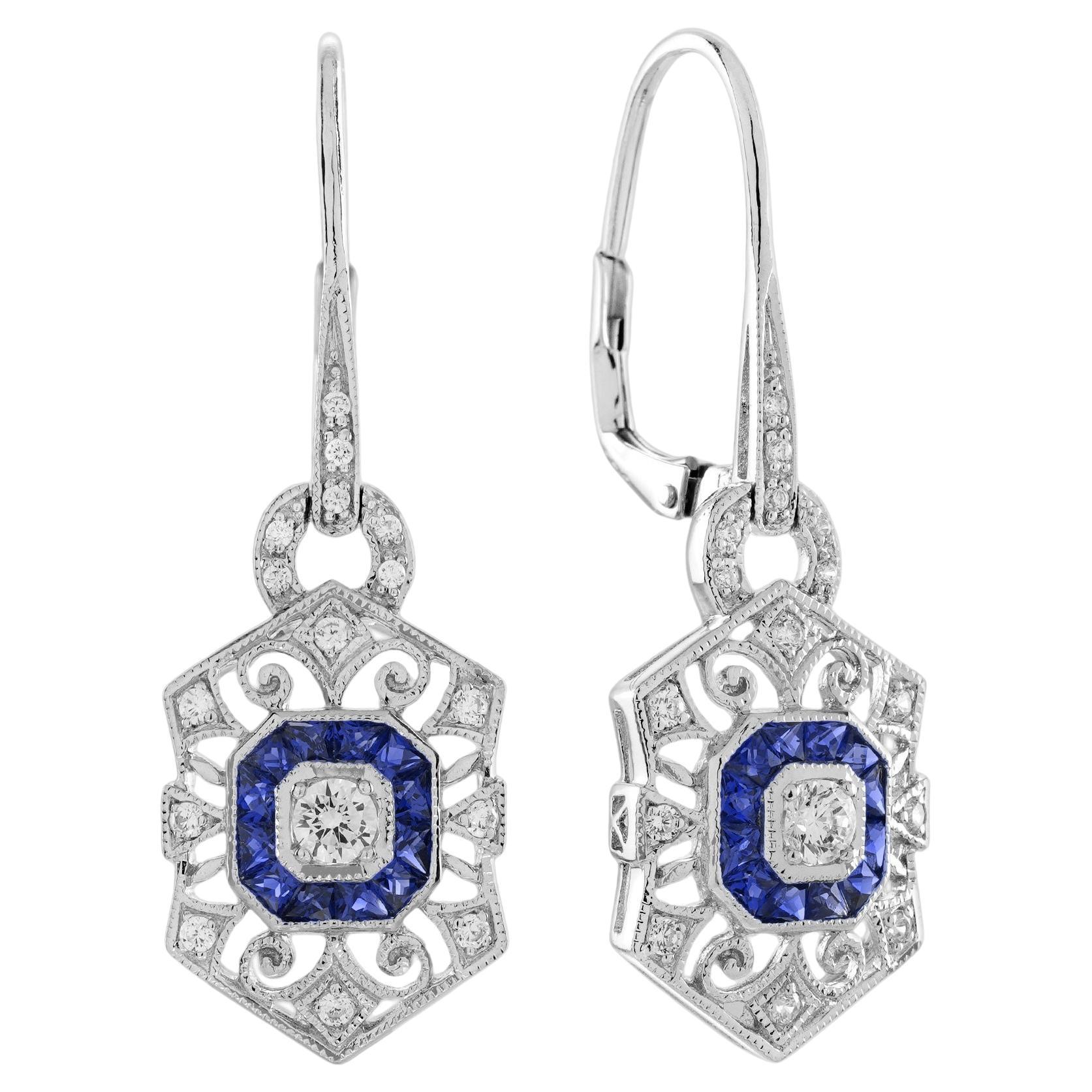 Diamond Sapphire Art Deco Style Openwork Drop Earrings in 18K White Gold