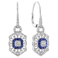 Diamond Sapphire Art Deco Style Openwork Drop Earrings in 18K White Gold