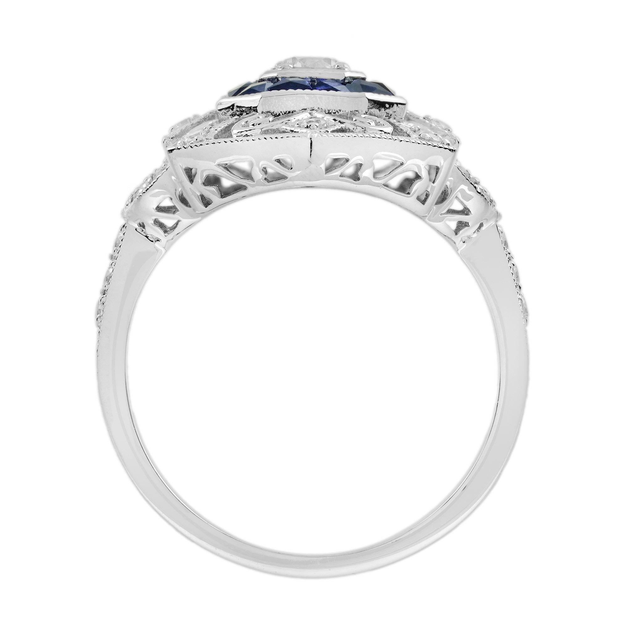 Diamond Sapphire Art Deco Style Openwork Jewelry Set in 18K White Gold For Sale 7