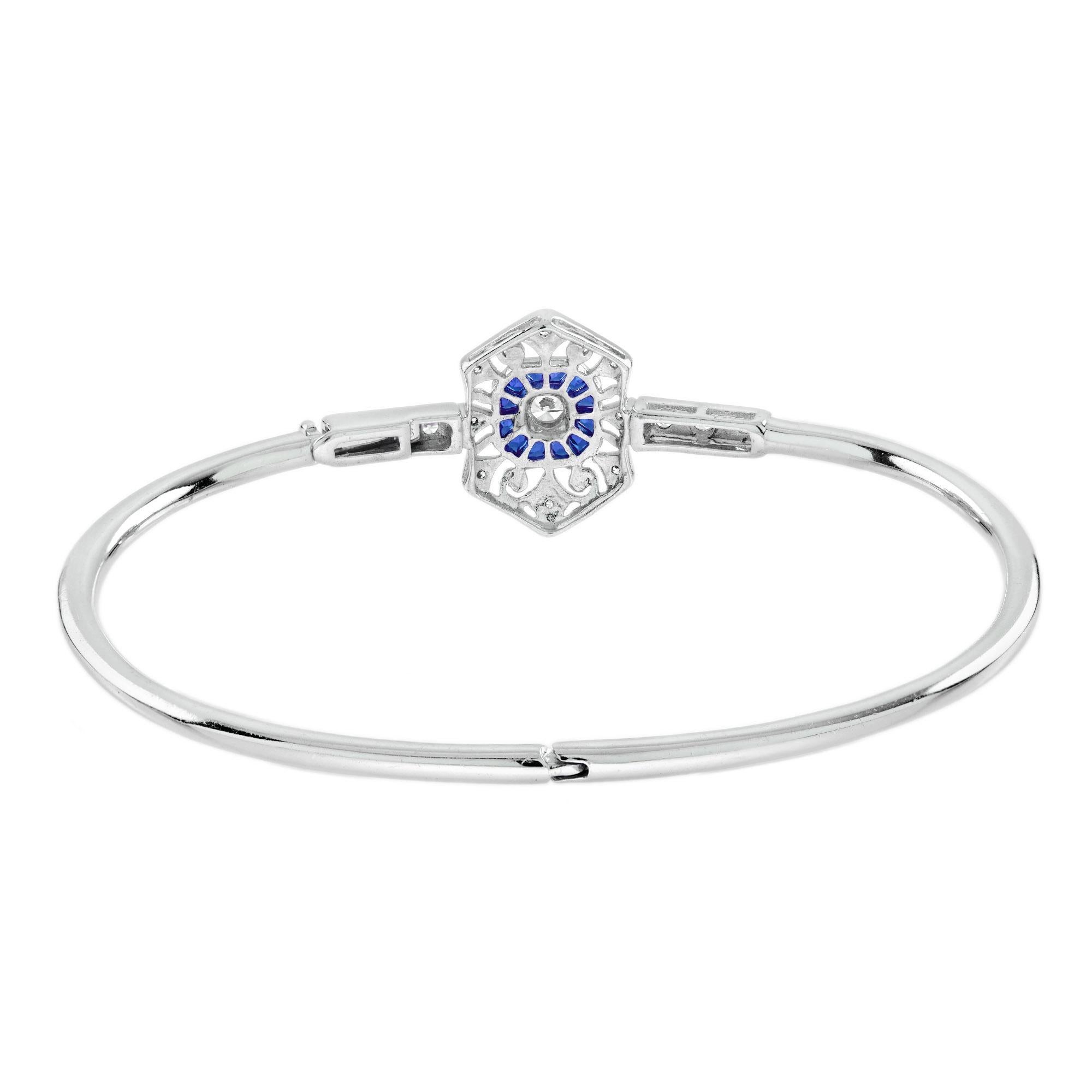 Round Cut Diamond Sapphire Art Deco Style Openwork Jewelry Set in 18K White Gold For Sale