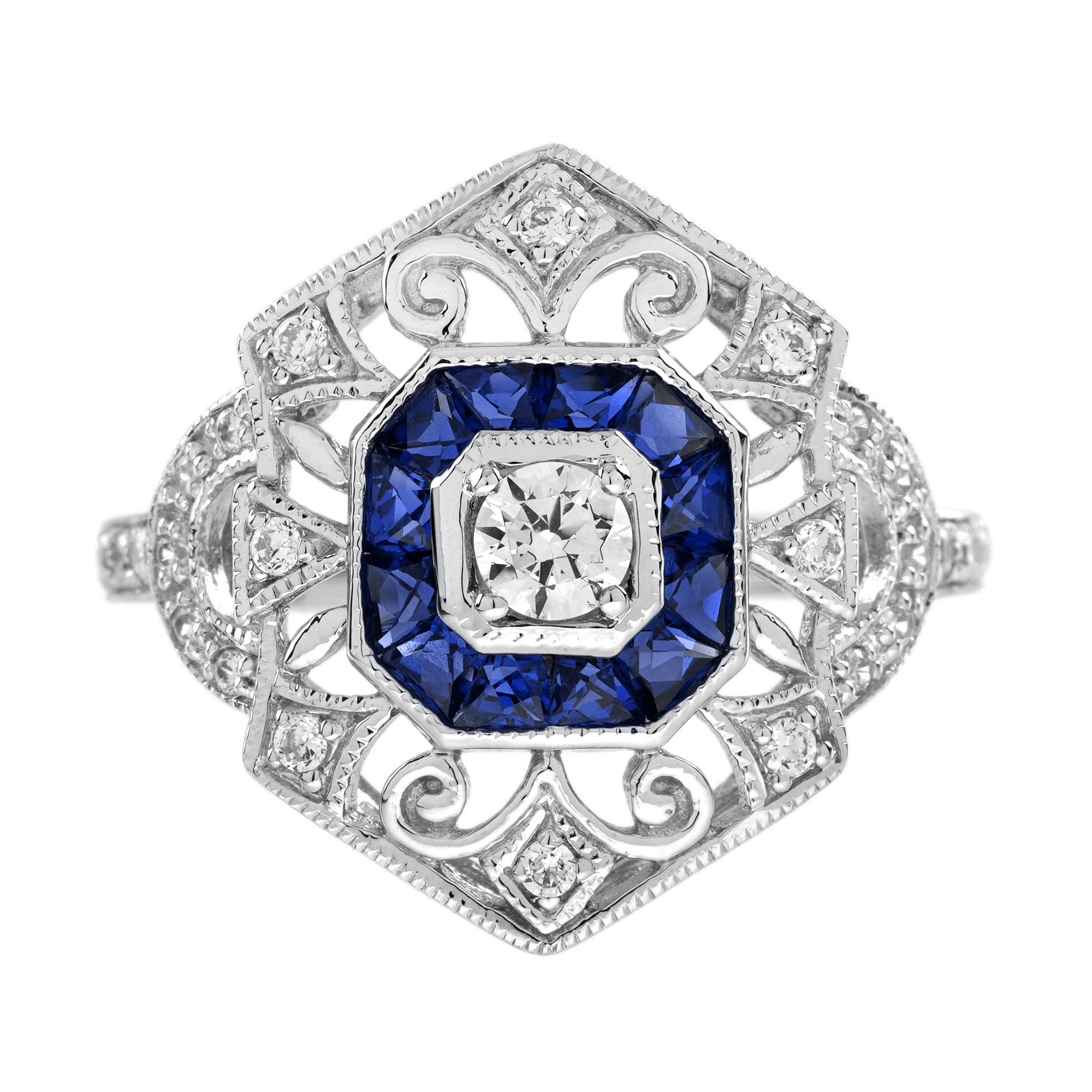 Diamond Sapphire Art Deco Style Openwork Jewelry Set in 18K White Gold For Sale 3