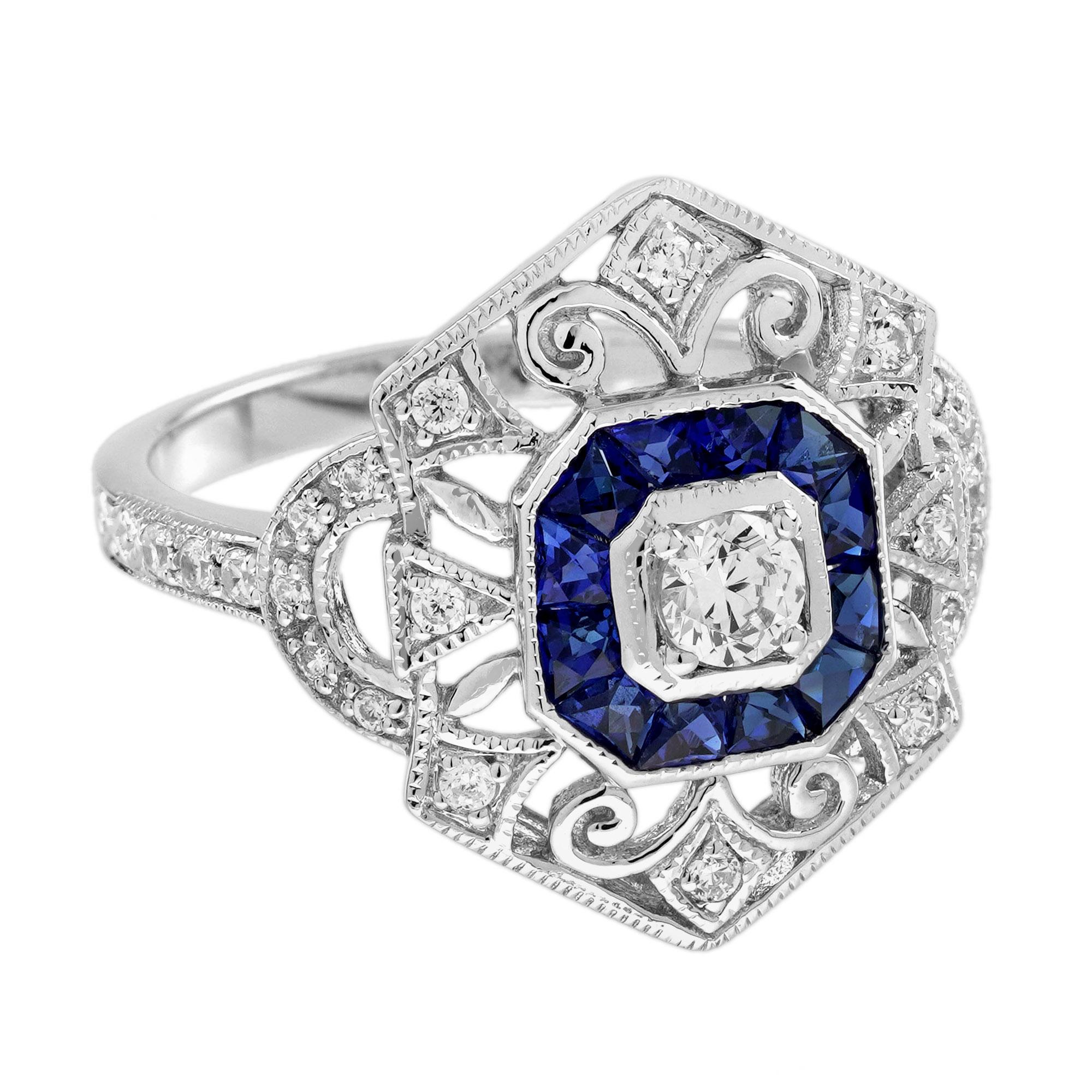 Diamond Sapphire Art Deco Style Openwork Jewelry Set in 18K White Gold For Sale 4