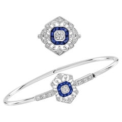 Diamond Sapphire Art Deco Style Openwork Jewelry Set in 18K White Gold