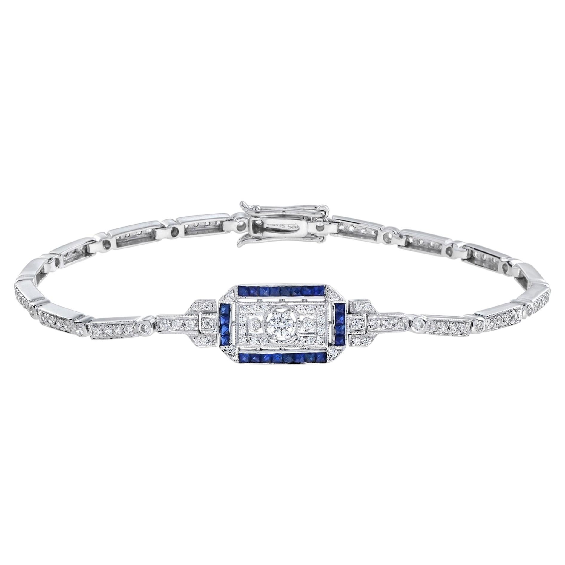 Sapphire Diamond Bracelet Art Deco Design in 18K White Gold