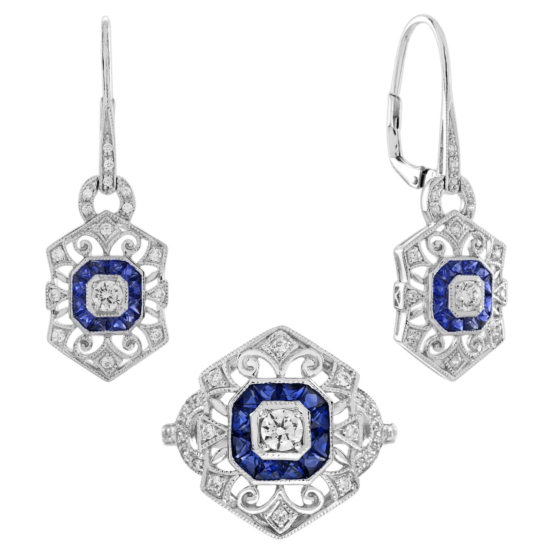 Anillo de Diamantes y Zafiro Estilo Art Decó Pendientes Juego de Joyas de Oro Blanco en venta