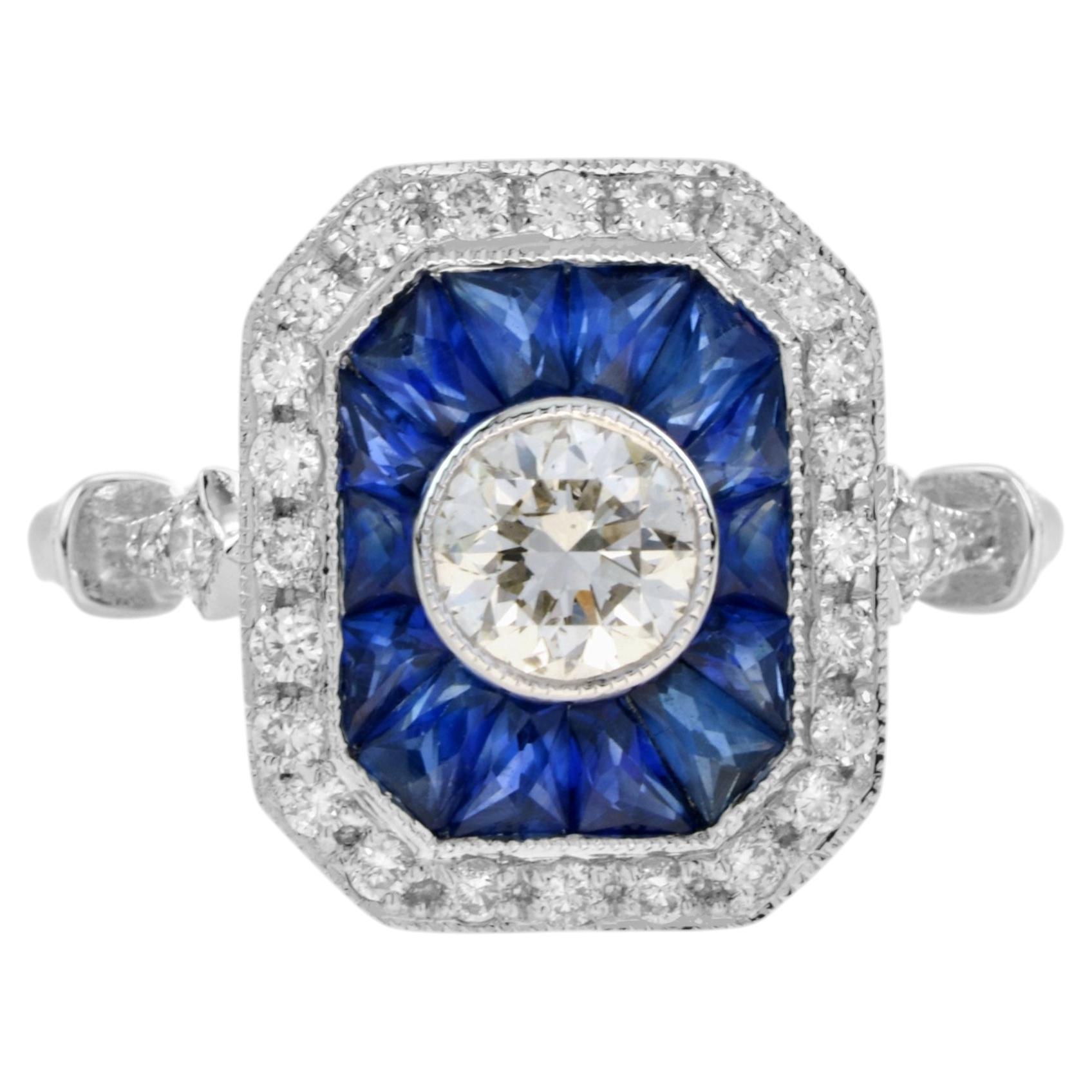 Diamond Sapphire Art Deco Style Target Engagement Ring in 18K White Gold