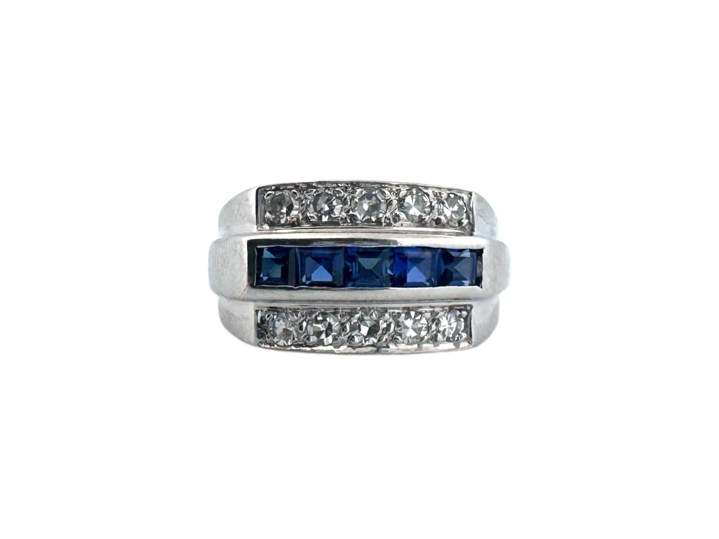 Retro Diamond & Sapphire Band Style Ring 14K White Gold For Sale