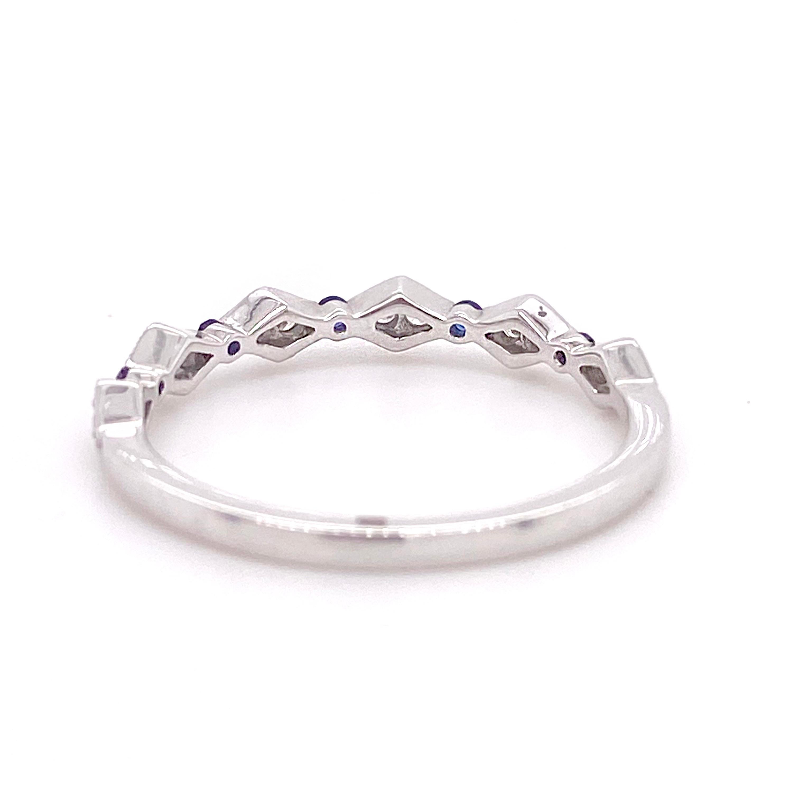 Diamant-Saphir-Ring, Weißgold-Ehering, stapelbarer Ring 15 Edelsteine (Rundschliff) im Angebot
