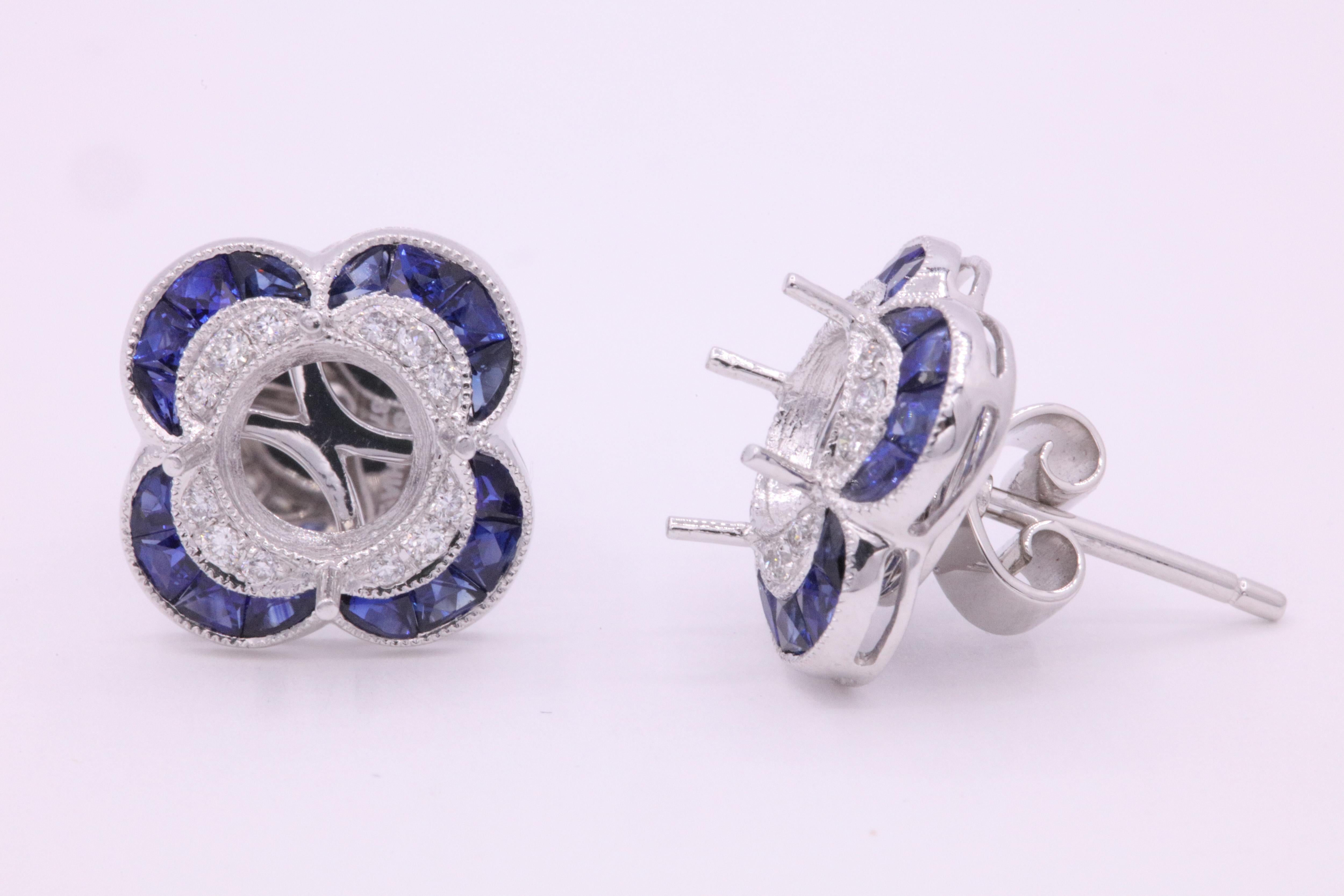 Art Deco Diamond Sapphire Bezel Earrings 1.19 Carats Platinum