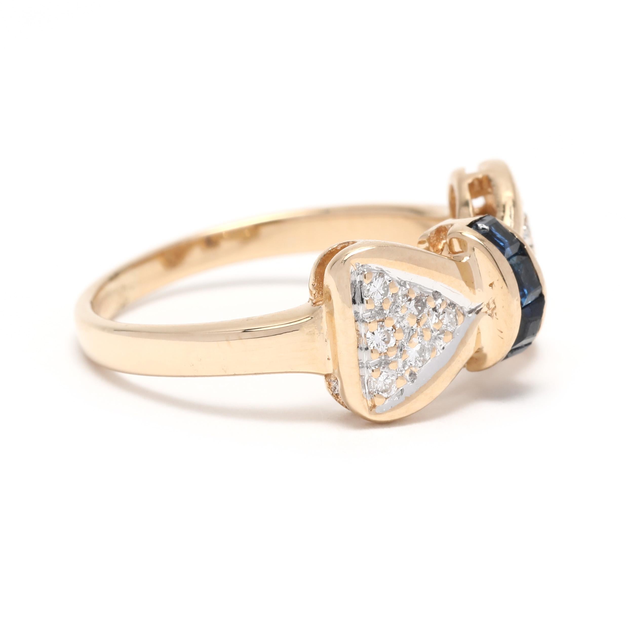 This stunning 0.36ctw diamond and sapphire bow ring is crafted in 14K yellow gold, with a ring size of 4.75. The center is adorned with a stunning natural sapphire surrounded by dazzling diamonds, creating a stunning and unique cocktail ring. This
