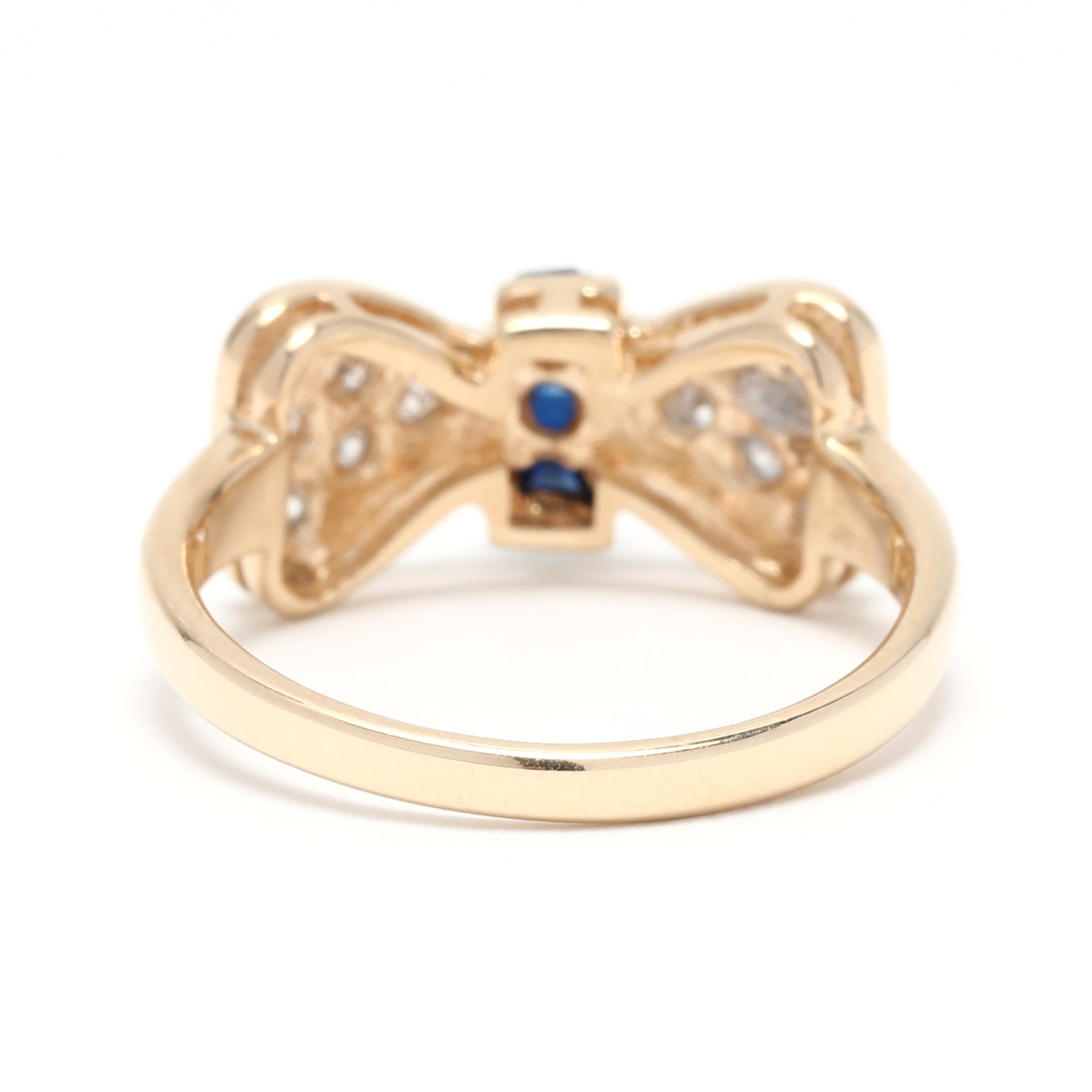 Square Cut Diamond Sapphire Bow Ring, 14K Yellow Gold, Ring, Natural Sapphire
