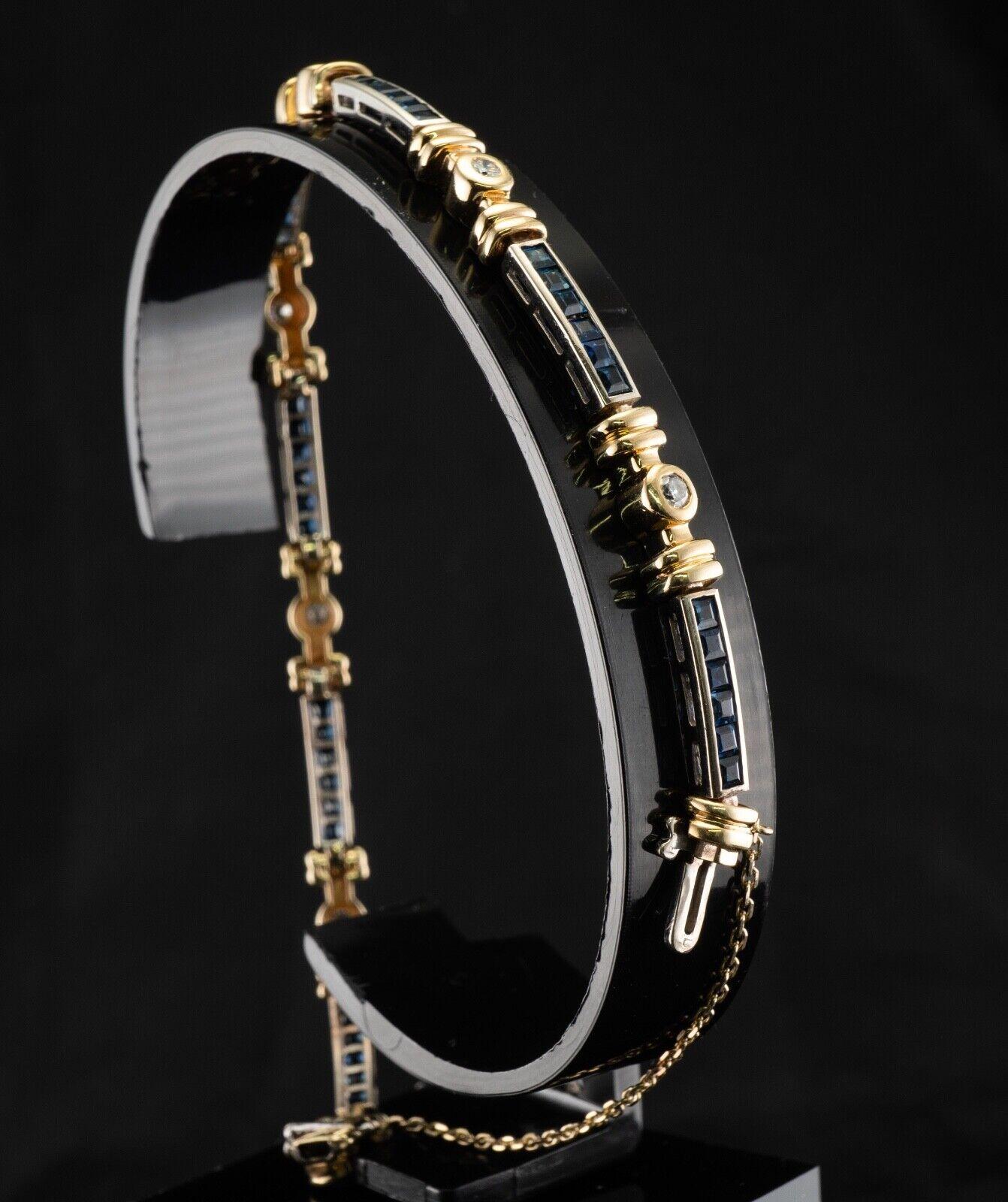 Taille carrée Bracelet vintage en or 14 carats avec diamants et saphirs en vente
