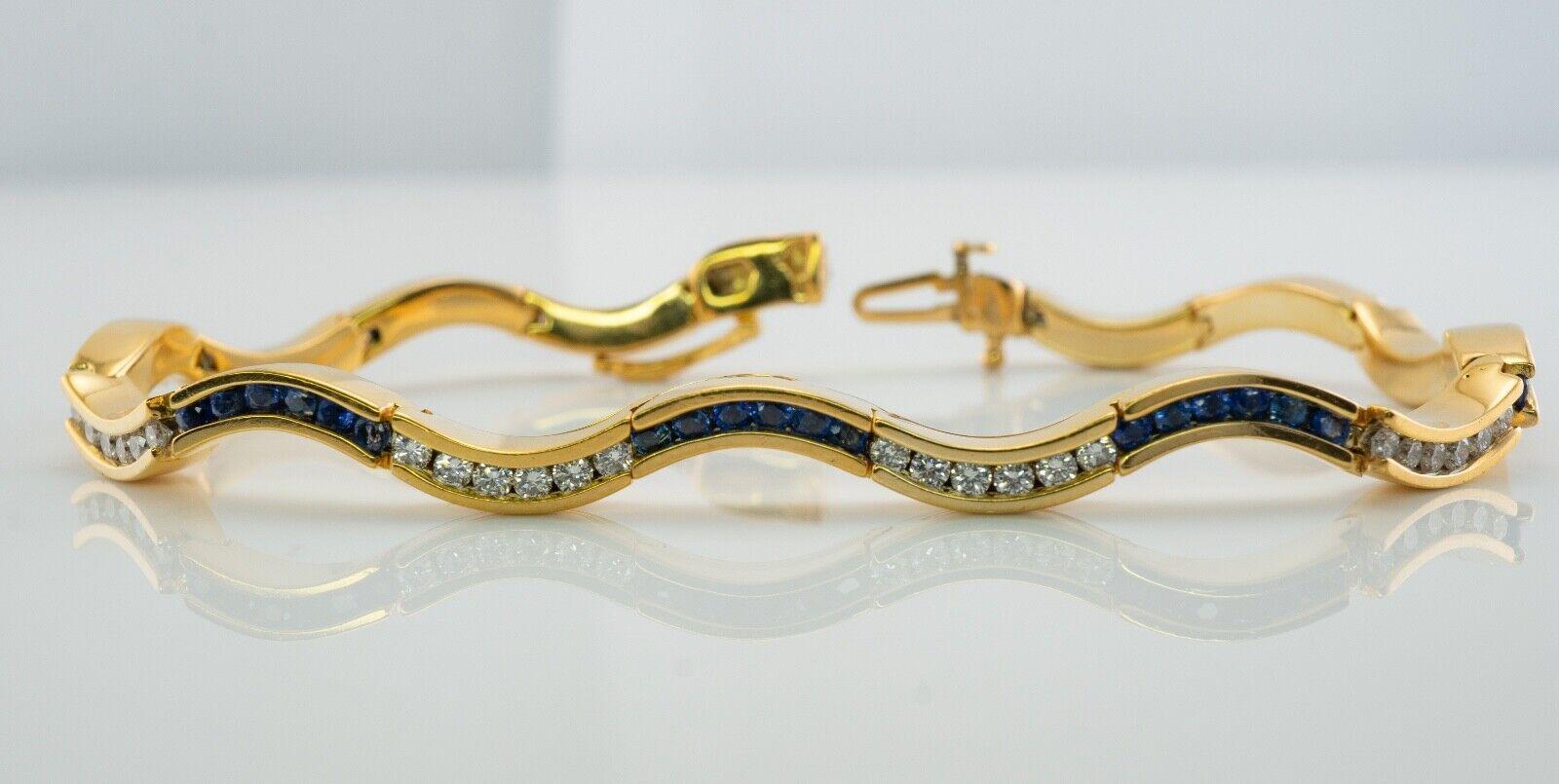 Diamond Sapphire Bracelet 14K Gold Wave Curvy

This terrific sapphire diamond bracelet is crafted in solid 14K Yellow Gold. There are 8 links with genuine Earth mined blue sapphires and 8 links with diamonds. Each intense blue sapphire measures 1mm