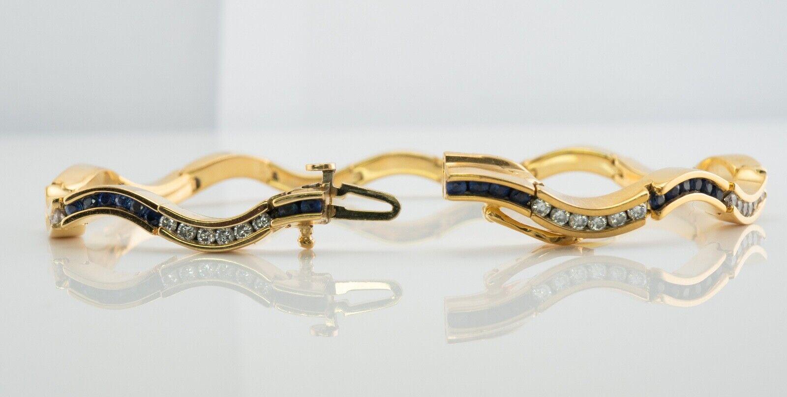 Round Cut Diamond Sapphire Bracelet 14K Gold Wave Curvy For Sale