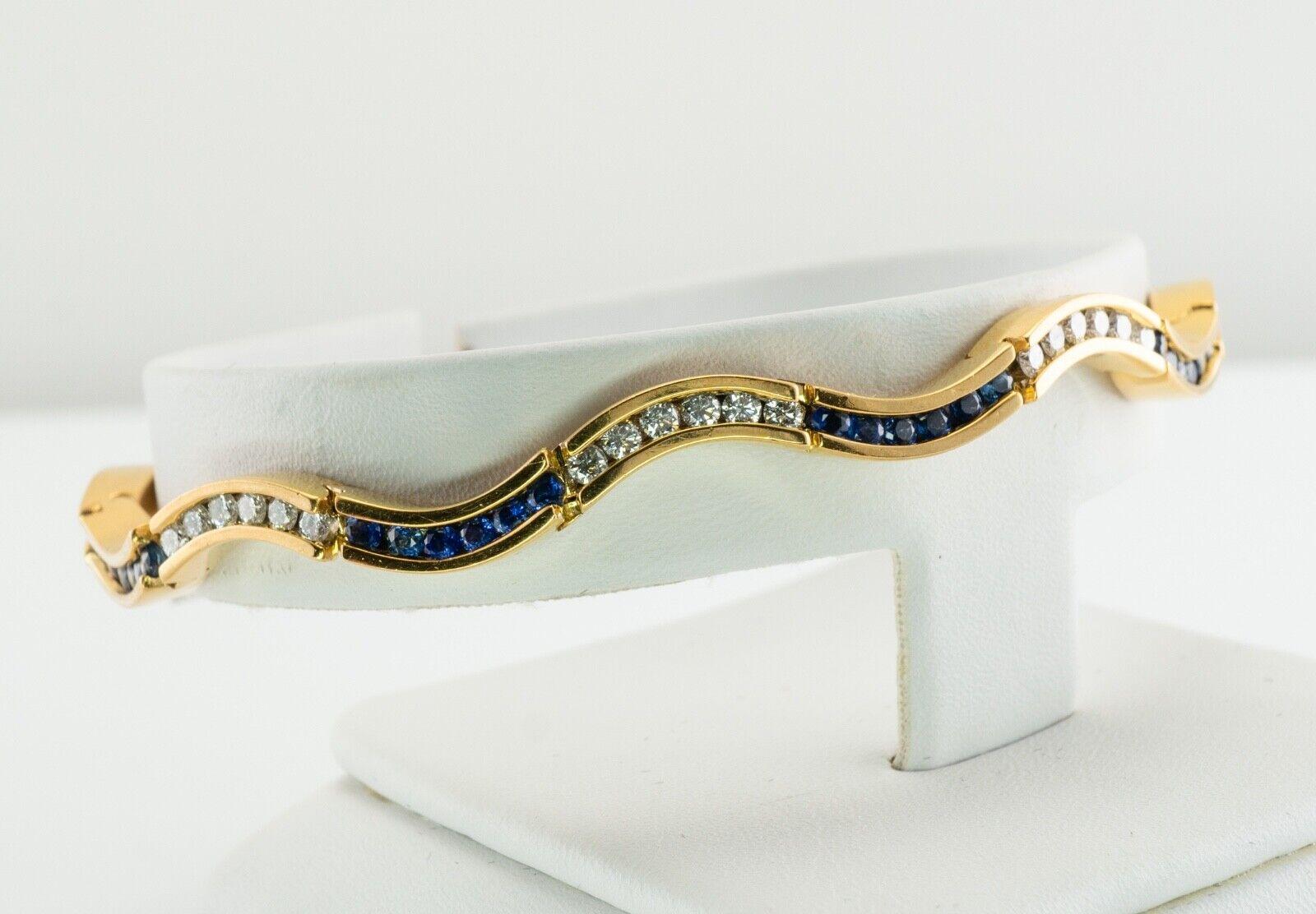 Women's Diamond Sapphire Bracelet 14K Gold Wave Curvy For Sale