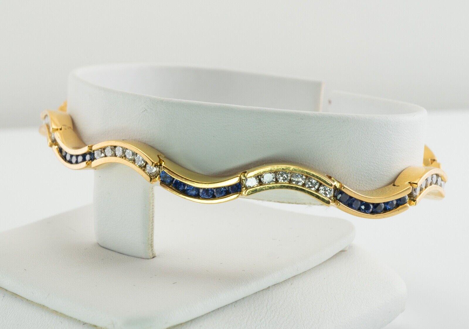 Diamond Sapphire Bracelet 14K Gold Wave Curvy For Sale 1