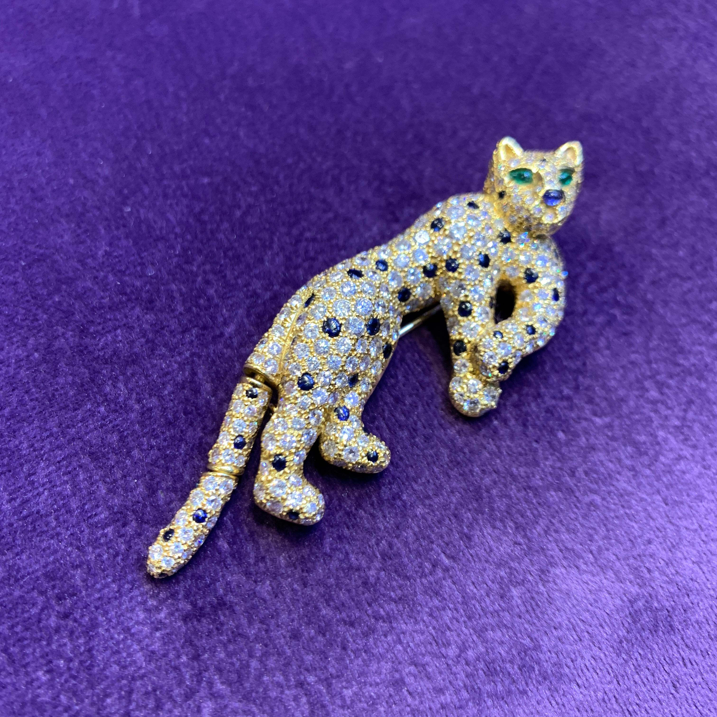 Diamond & Sapphire Cat Brooch For Sale 1