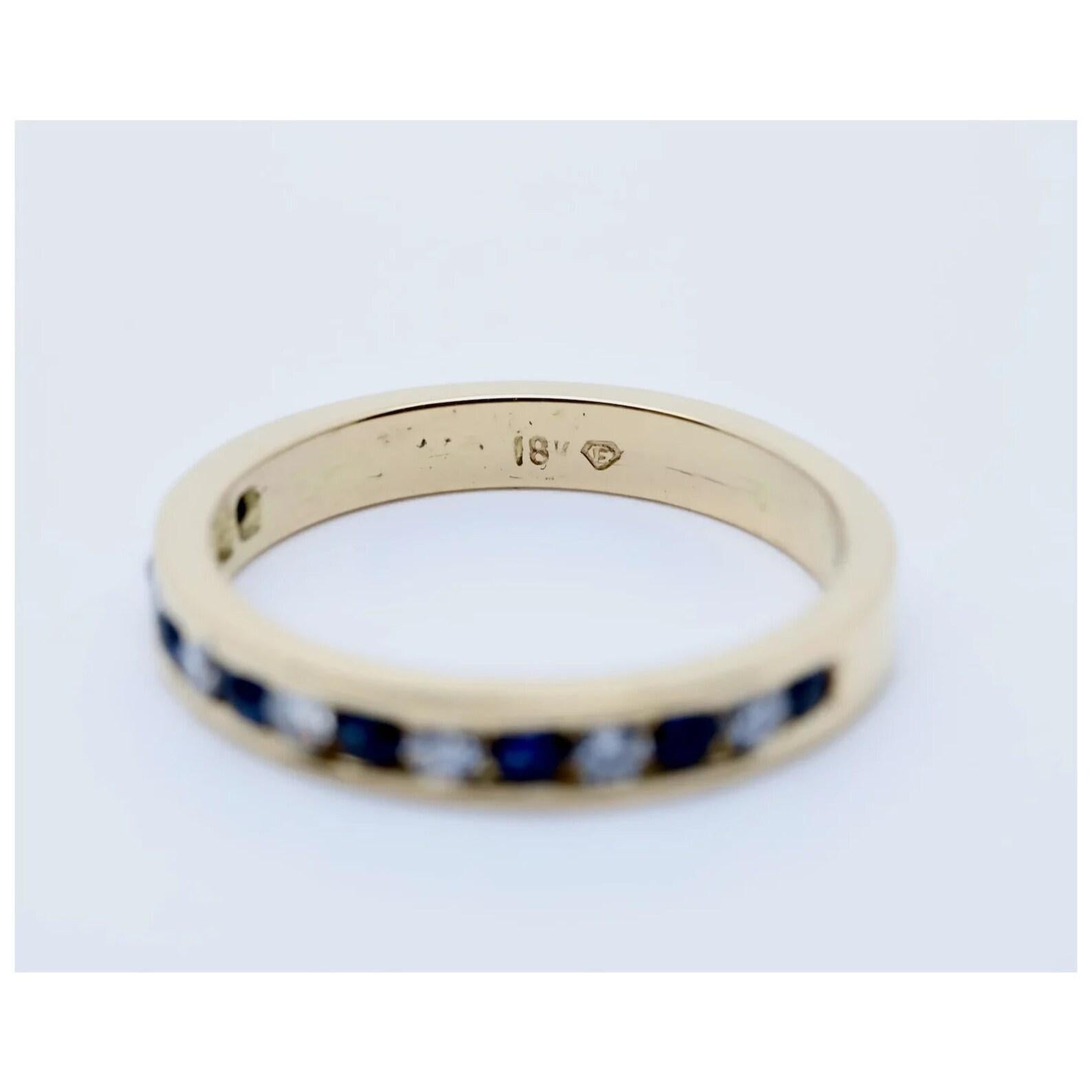 Diamond & Sapphire Channel Set Wedding Band in 18K Yellow Gold In Good Condition In Boston, MA