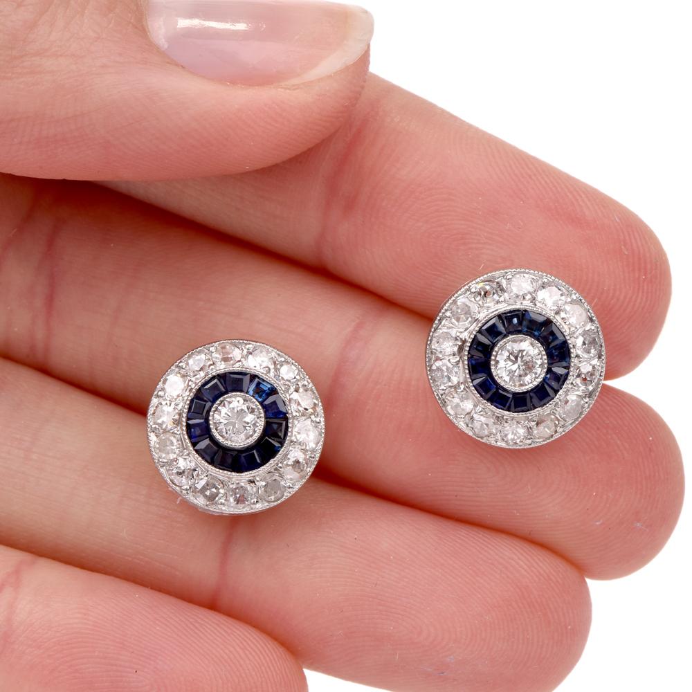 Art Deco Diamond Sapphire Circular Stud Platinum Earrings