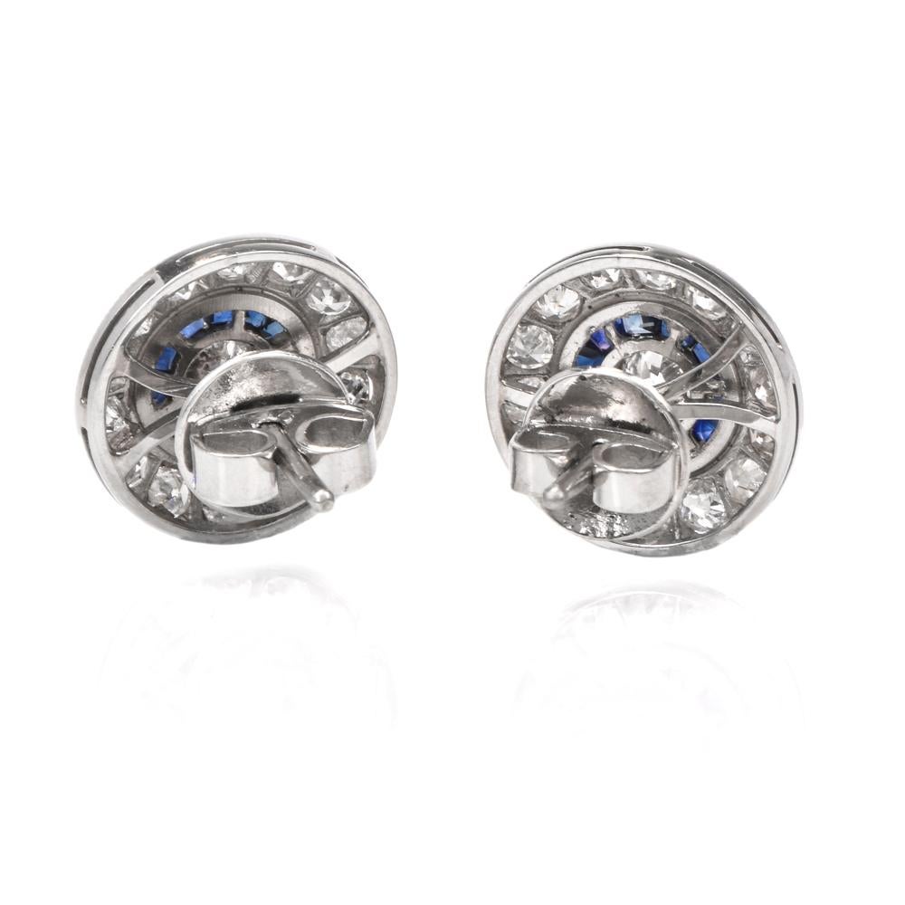 Round Cut Diamond Sapphire Circular Stud Platinum Earrings
