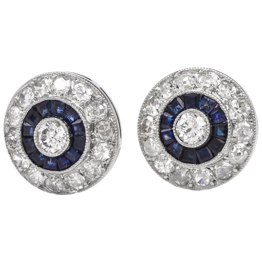 Diamond Sapphire Circular Stud Platinum Earrings