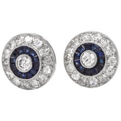 Diamond Sapphire Circular Stud Platinum Earrings