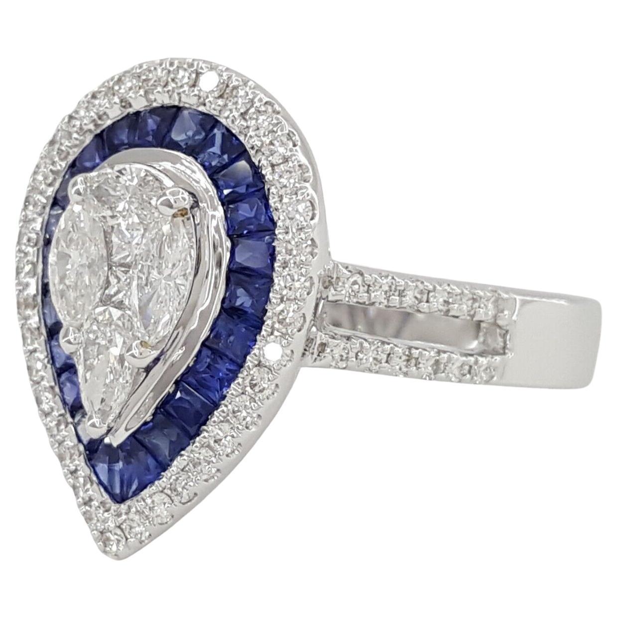 Diamond & Sapphire Cluster Pear Shape Round Brilliant & Marquise Cut Diamond Engagement Ring. 