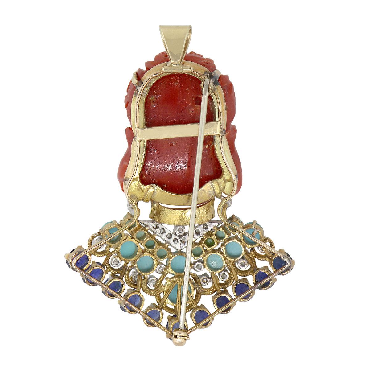 Round Cut Diamond, Sapphire and Coral Buddha Inspired Pin Pendant