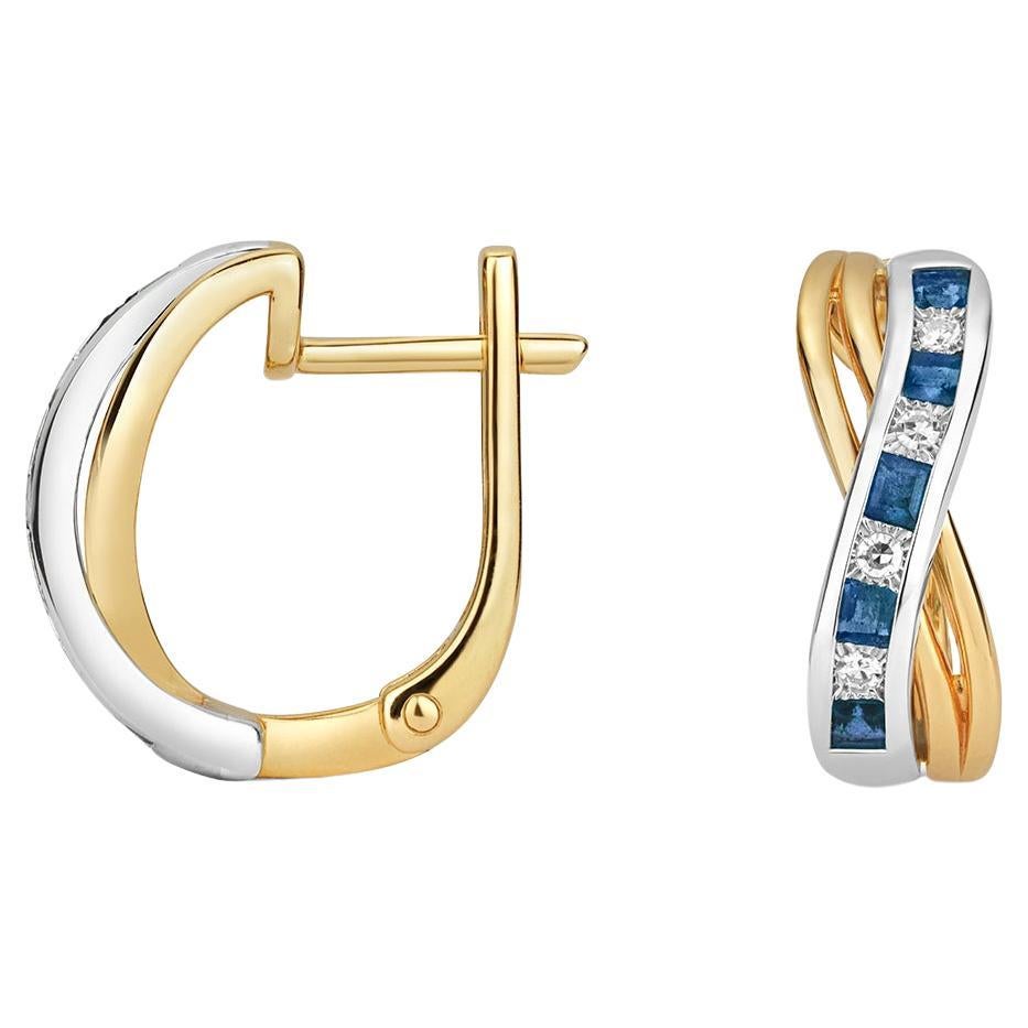 DIAMOND & SAPPHIRE CROSSOVER HOOPS Earrings Princess Cut IN 9CT GOLD For Sale