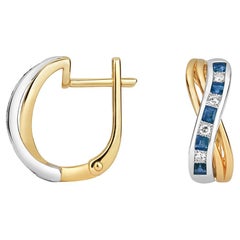 DIAMOND & SAPPHIRE CROSSOVER HOOPS Earrings Princess Cut IN 9CT GOLD