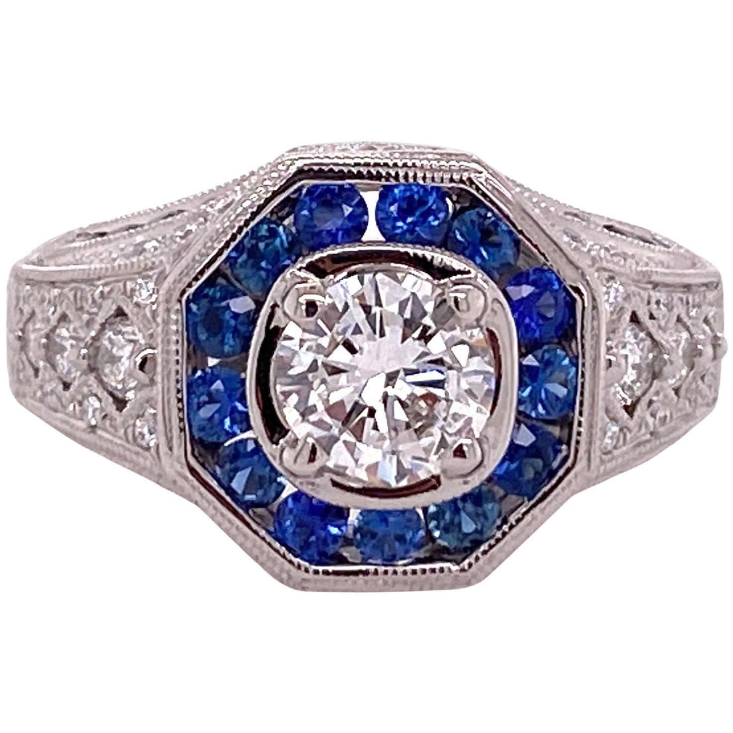 Diamond Sapphire Deco Style 14 Karat White Gold Ring G/VVS
