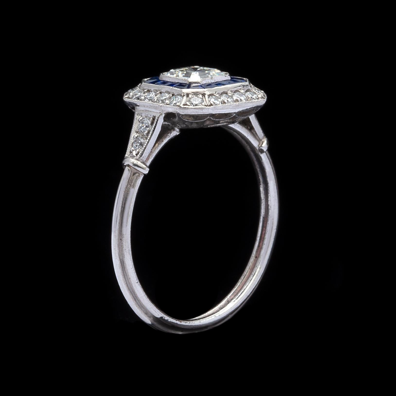Asscher Cut Diamond Sapphire Deco Style Ring
