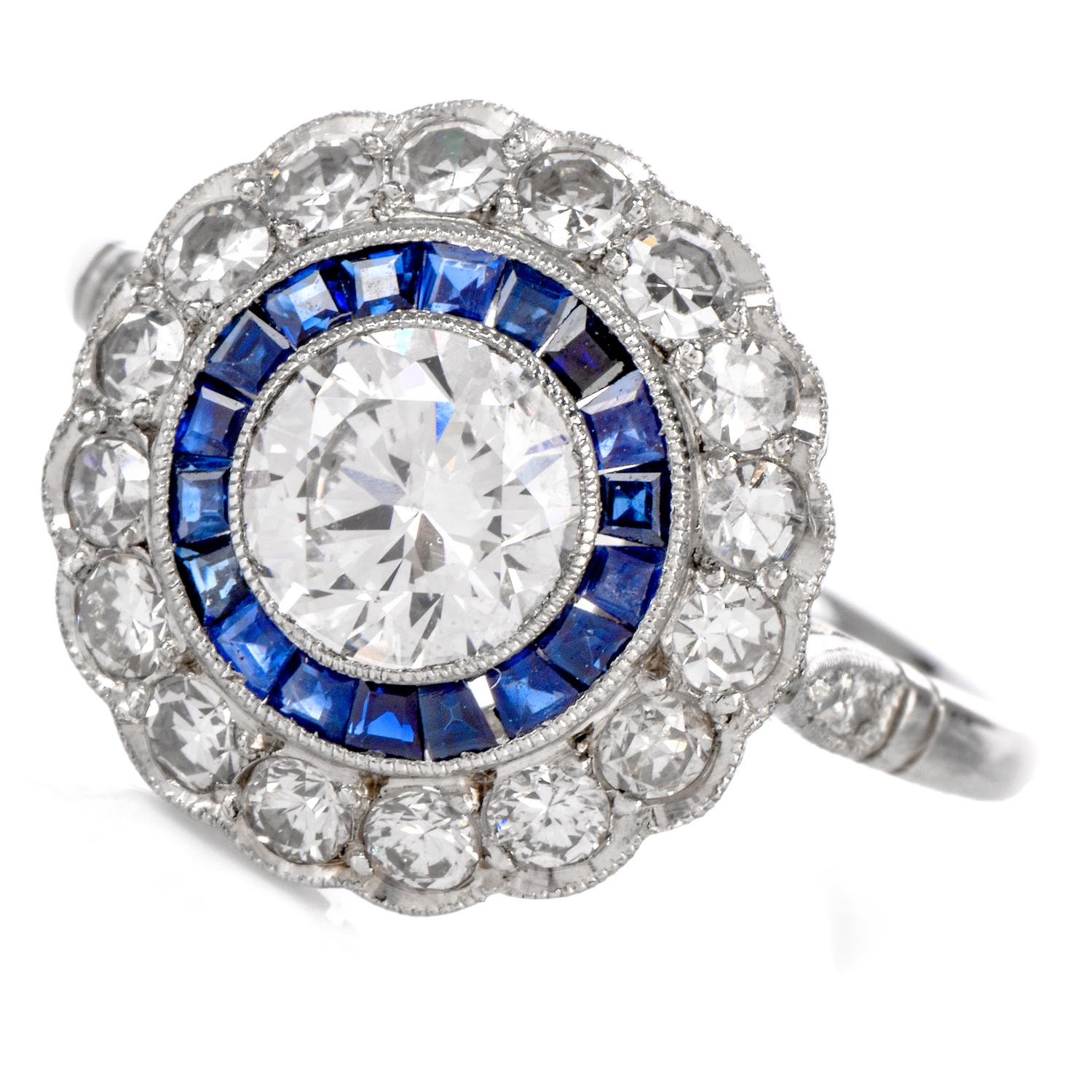 Women's or Men's Diamond Sapphire Double Halo Platinum Cocktail RIng