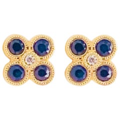 Diamond Sapphire Earrings 14 Karat Yellow Gold Blue Flower Studs Ceylon Sapphire