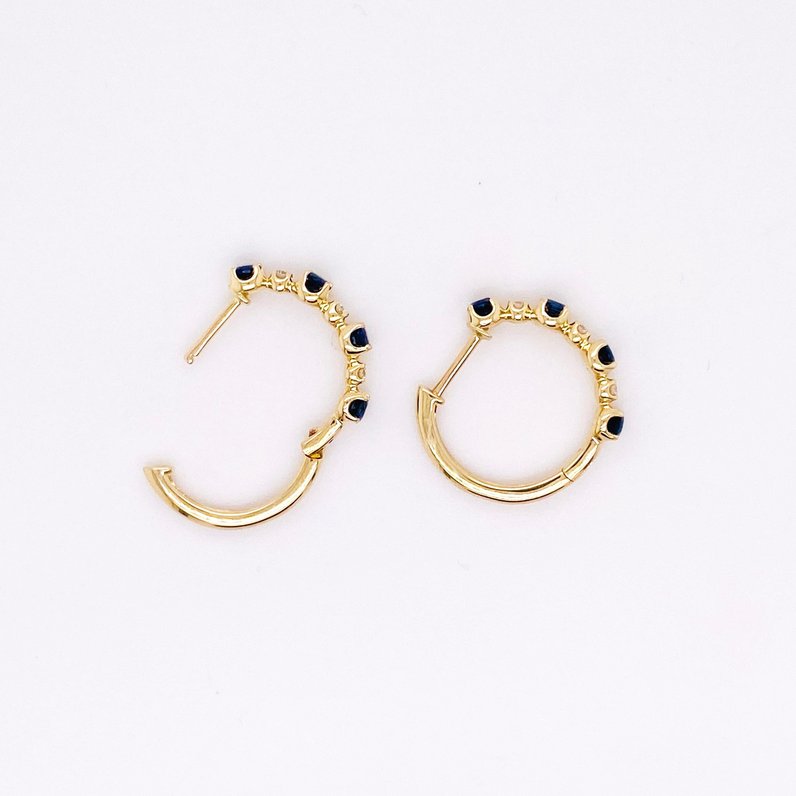 Round Cut Diamond Sapphire Earrings, 14K Yellow Gold Blue Hoop Huggie Earrings, Hinged Ear For Sale
