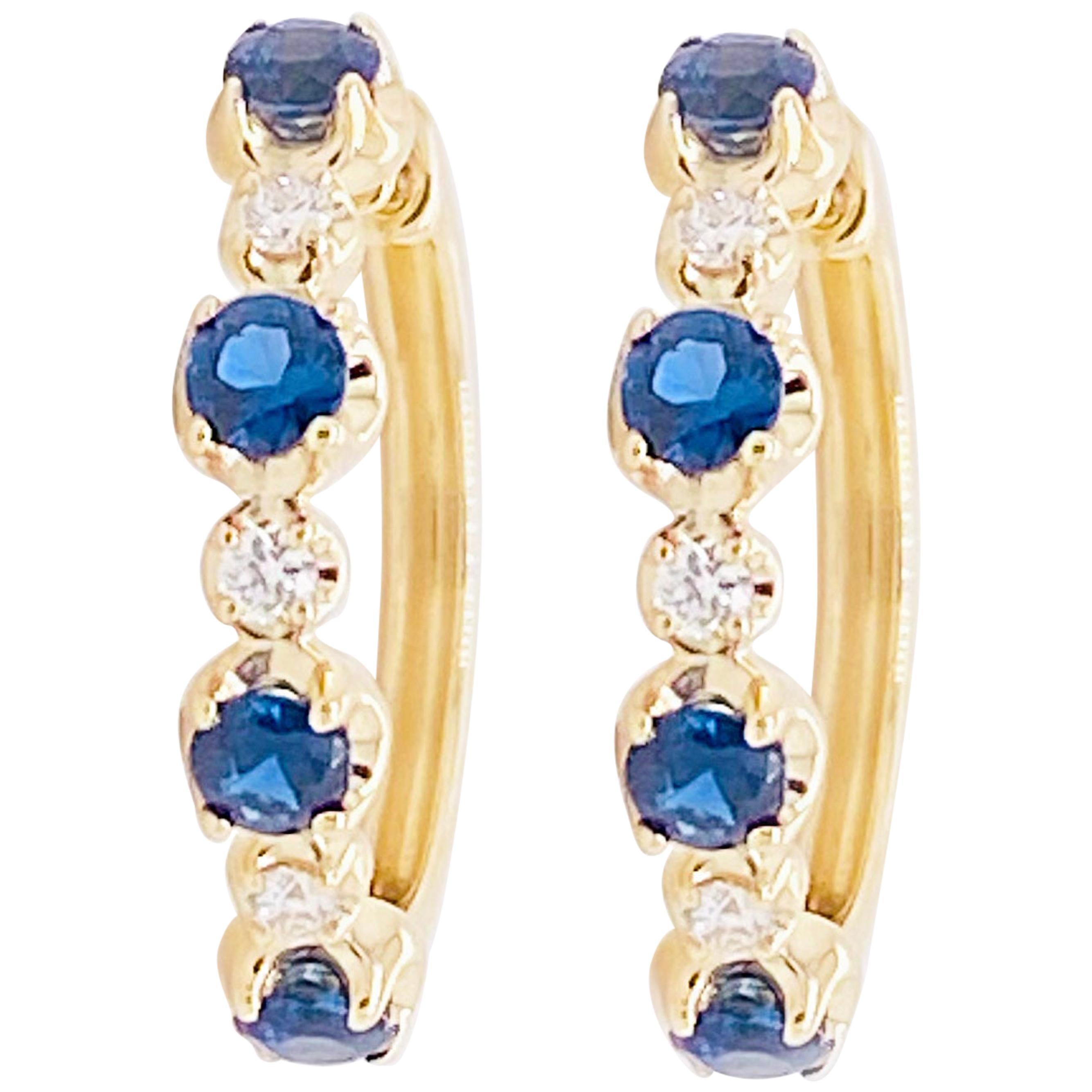 Diamond Sapphire Earrings, 14K Yellow Gold Blue Hoop Huggie Earrings, Hinged Ear
