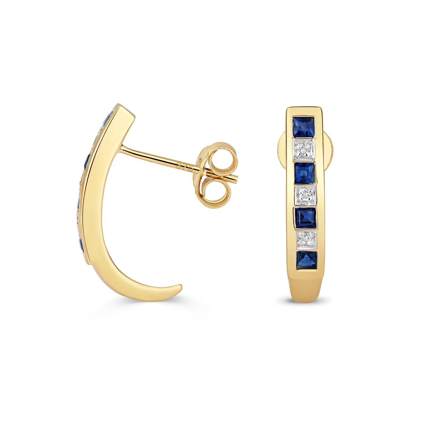 DIAMOND & SAPPHIRE EARRINGS IN 9CT GOLD Half Hoop Princess Cut In New Condition For Sale In Ilford, GB