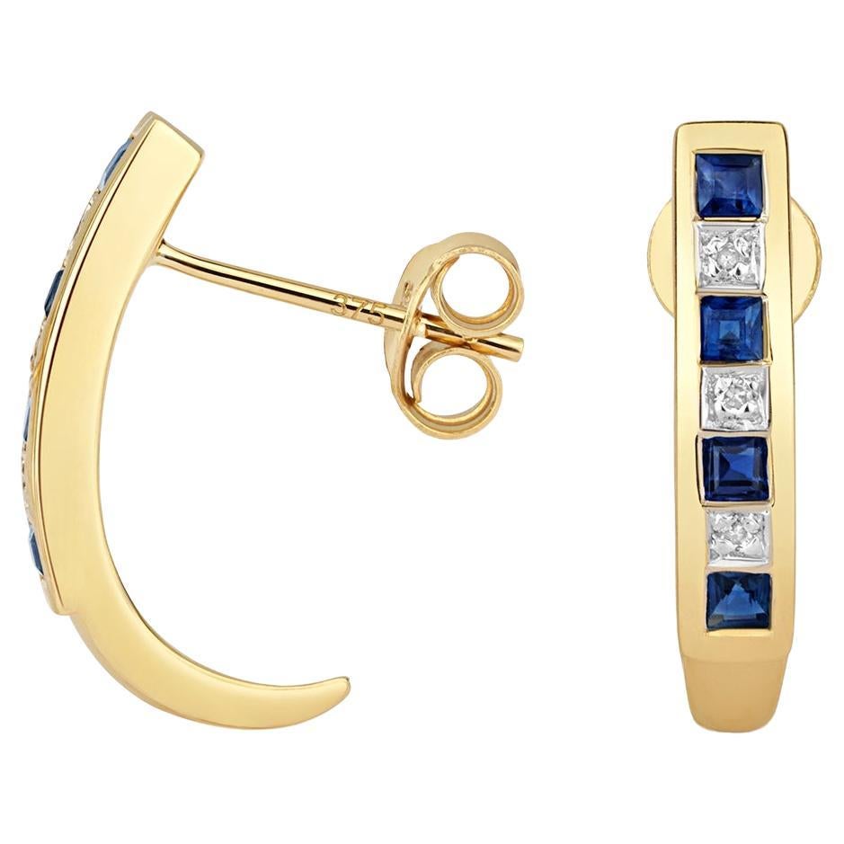 DIAMOND & SAPPHIRE EARRINGS IN 9CT GOLD Half Hoop Princess Cut For Sale