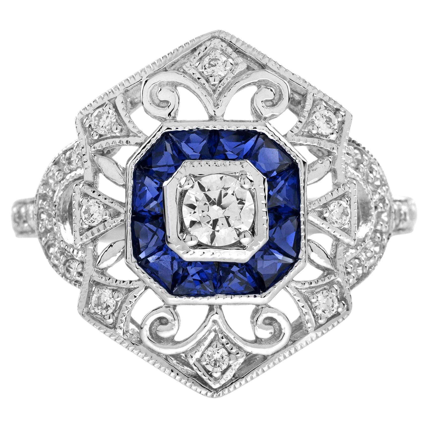 Diamond Sapphire Edwardian Style Openwork Ring in 18K White Gold