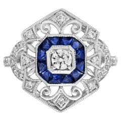 Anello traforato con diamante e zaffiro in stile edoardiano in oro bianco 18 carati