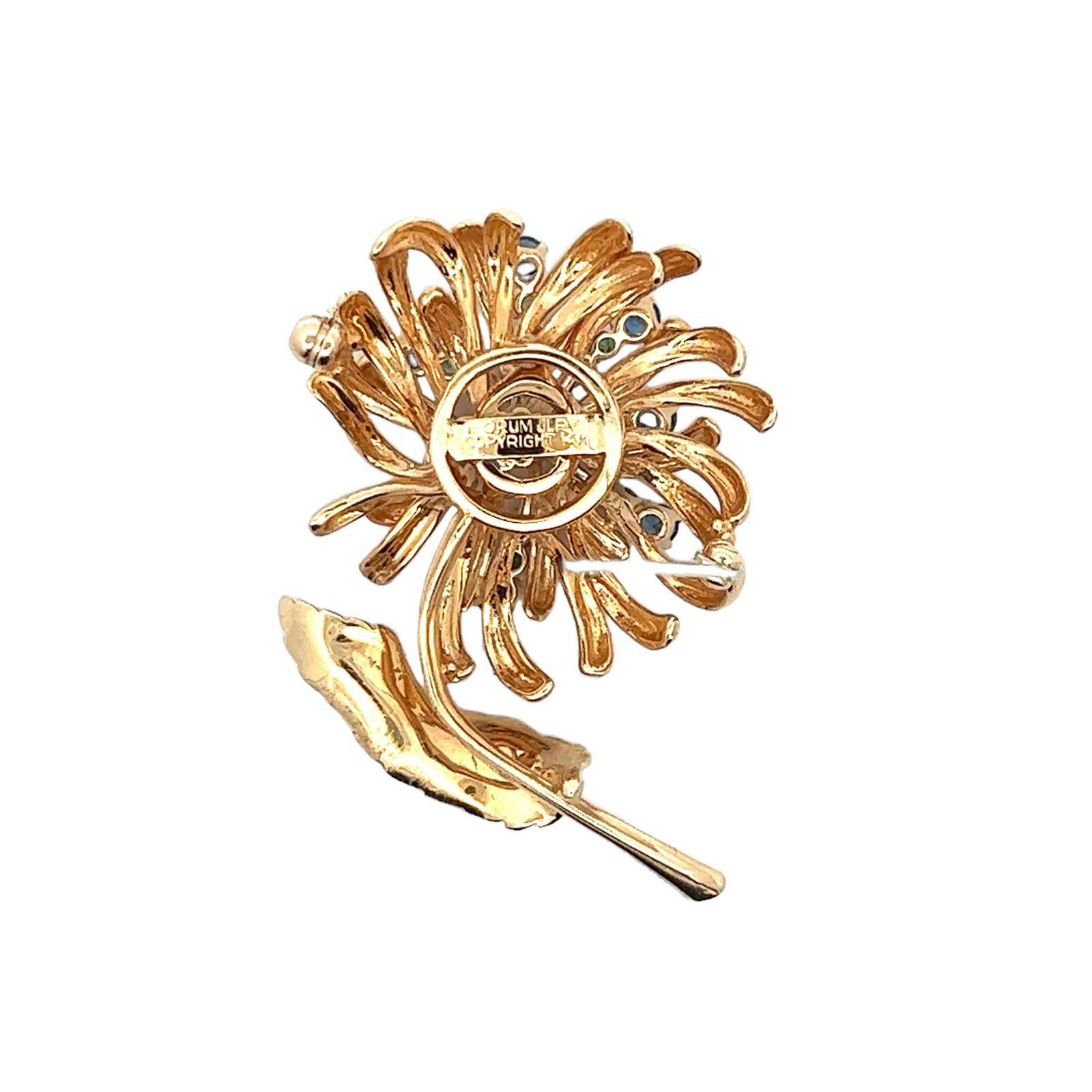 Modern Diamond Sapphire Emerald 14 Karat Yellow Gold Flower Vintage Pin Brooch  For Sale