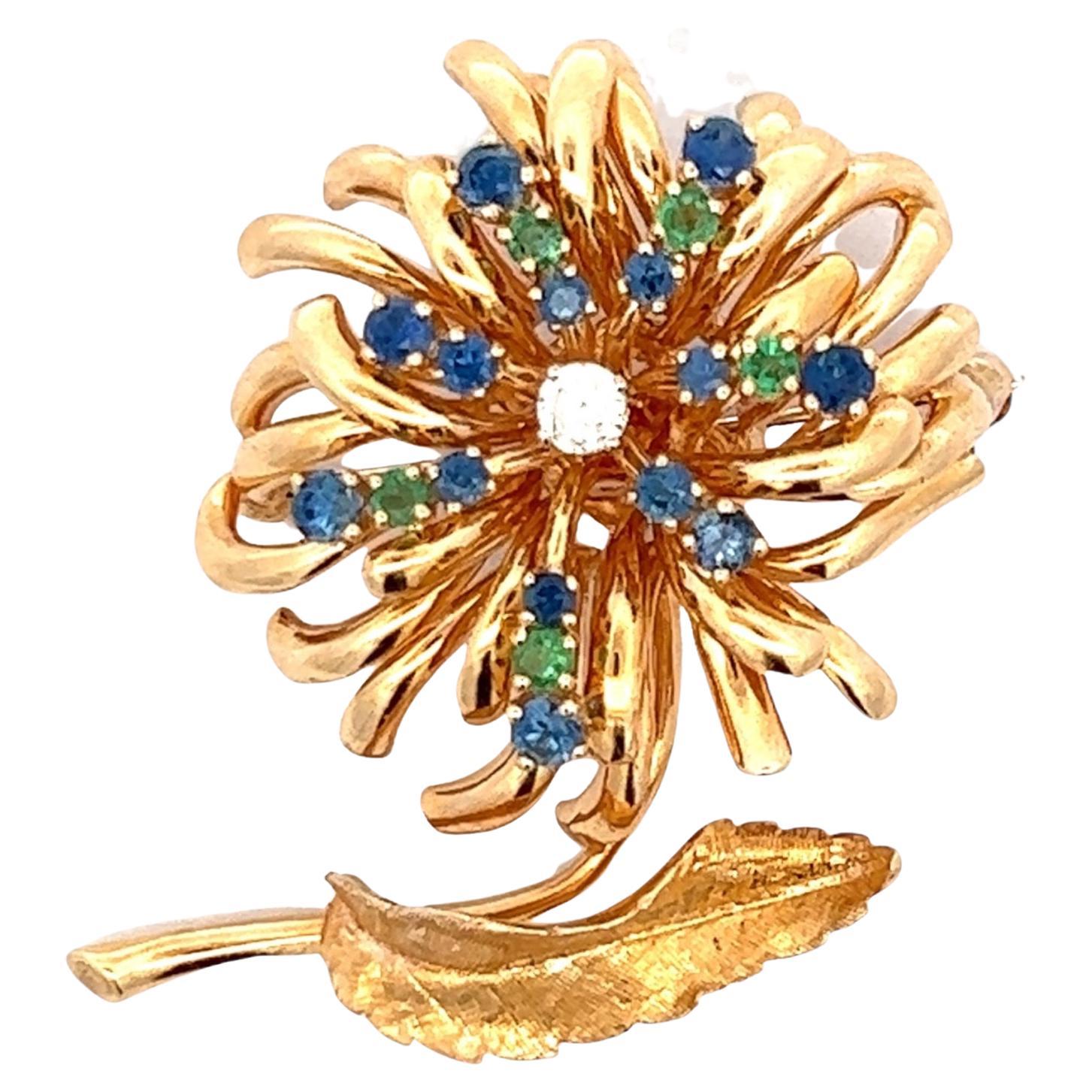 Diamond Sapphire Emerald 14 Karat Yellow Gold Flower Vintage Pin Brooch  For Sale