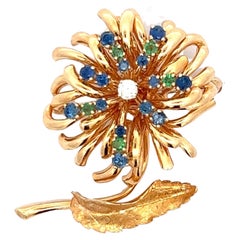 Diamond Sapphire Emerald 14 Karat Yellow Gold Flower Vintage Pin Brooch 