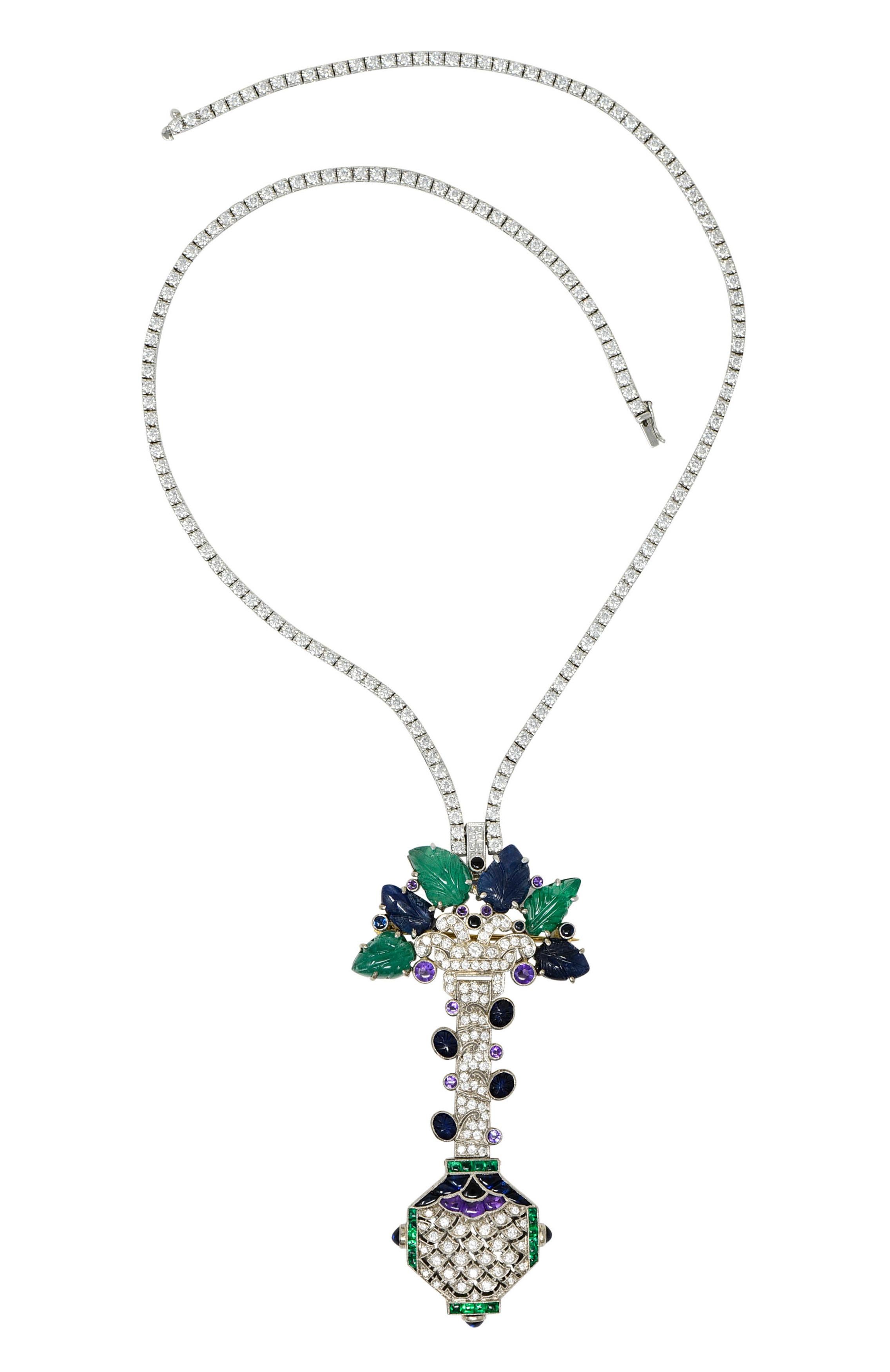 Articulated riviera style necklace is comprised of individual links basket set with round brilliant cut diamonds

Very well matched and weighing in total approximately 7.25 carats - G to I color with VS clarity

Featuring a detachable pendant brooch