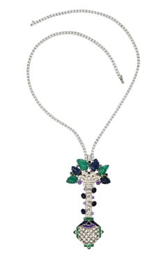 Diamond Sapphire Emerald 18 Karat White Gold Riviera Tutti-Frutti Necklace